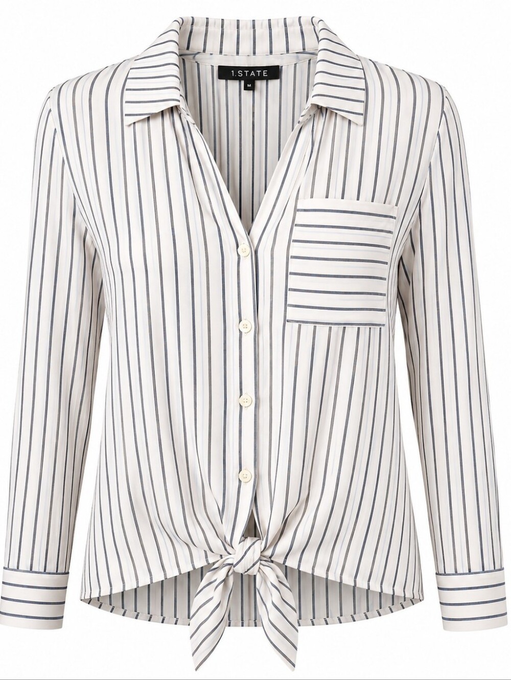 1.STATE | Striped Tie Front Button Down Blouse Blue White Pocket Coastal | M